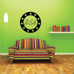 Circular USA stars wall decal with black border and U.S.A script center