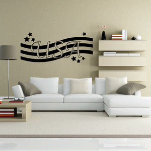 USA waving stars and stripes wall decal in black with star accents