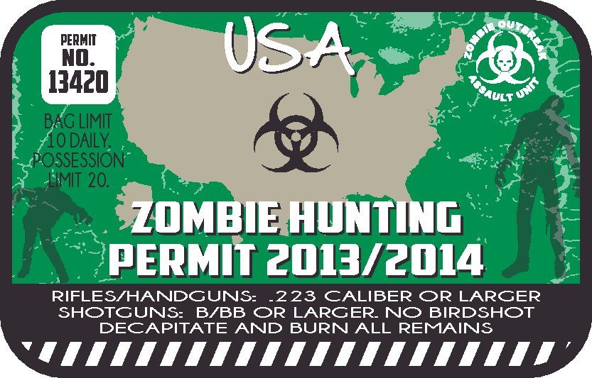 Zombie hunting permit sticker with USA text, permit No. 13420, biohazard icon