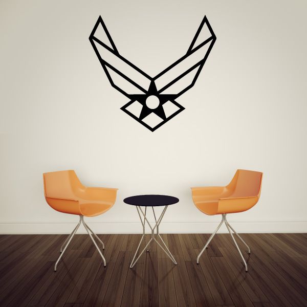 Black USAF eagle outline wall decal, angular geometric design.