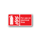 Red sticker: electrical fire use, extinguisher icon, text "For use on electrical fires"