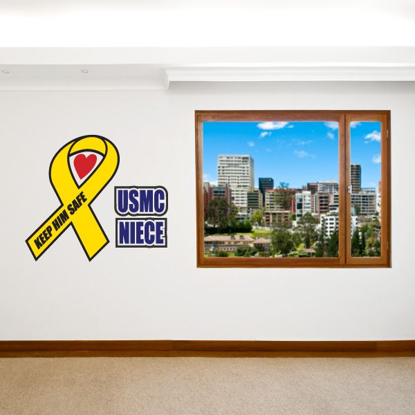 USMC niece ribbon decal with yellow awareness ribbon, red heart, and blue USMC text