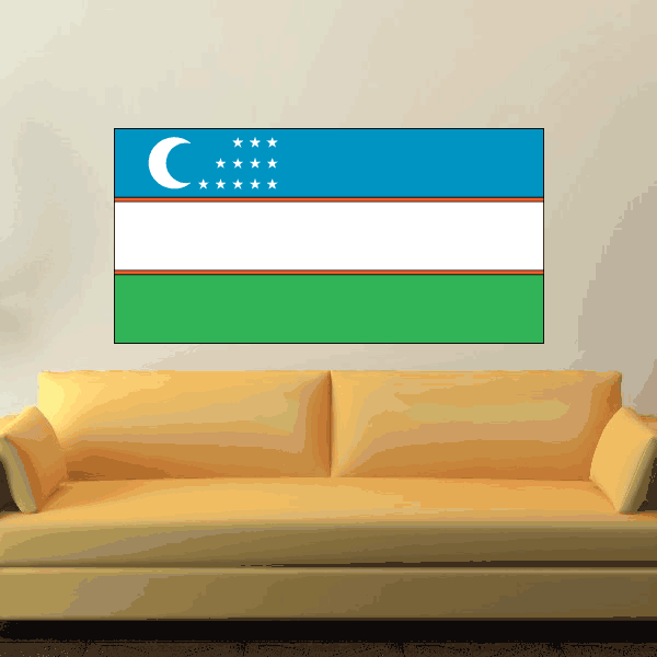 Uzbekistan flag sticker, rectangular with blue crescent and stars over red and green stripes.