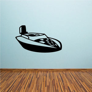 Speedboat engine decal with black and white outline, motor hatch and stripe details