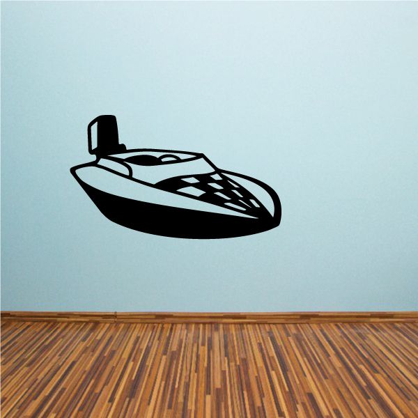 Speedboat engine decal with black and white outline, motor hatch and stripe details