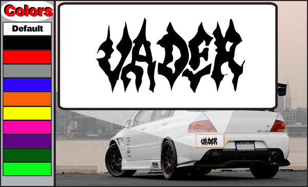 Vader decal with bold black stylized lettering on a white rectangle