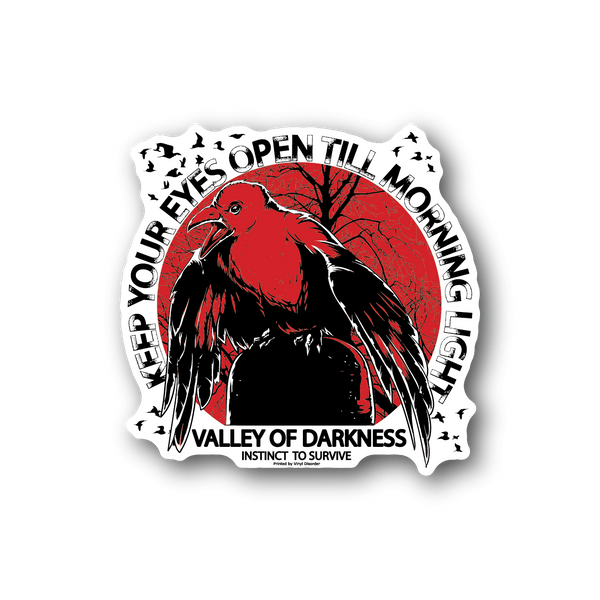 Skull-themed vinyl sticker with red raven and white ring text