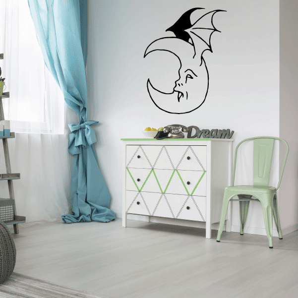 Black moon vampire face wall decal with bats, removable vinyl sticker