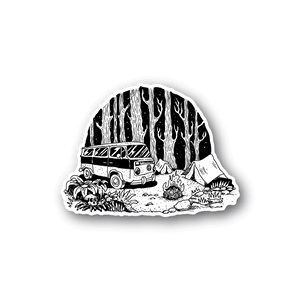 Vinyl camping sticker with illustrated van, desert cactus, and mountains in black and white