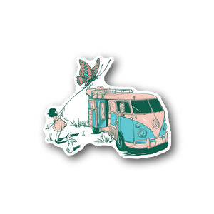 Vinyl sticker featuring a teal van, butterfly, and standing figure