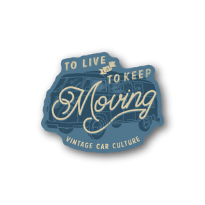 Blue vintage car culture vinyl sticker with cursive text and gold lettering