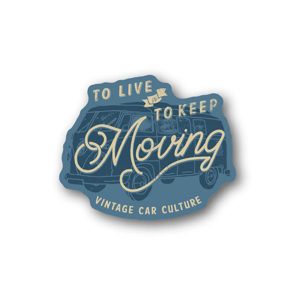 Blue vintage car culture vinyl sticker with cursive text and gold lettering