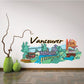 Vancouver sticker with illustrated bridge, skyline, trees, and colorful landmark