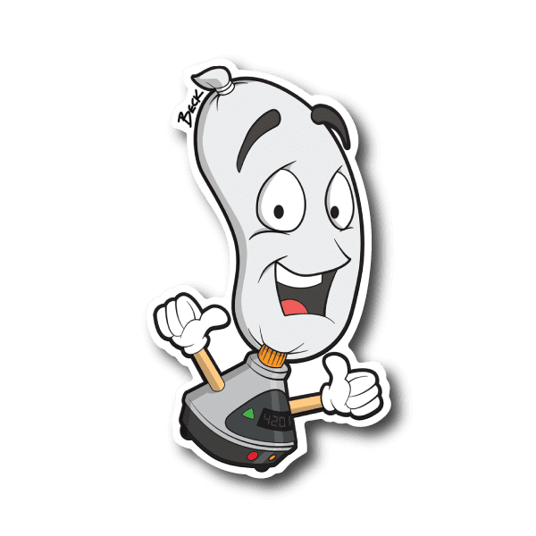 Vinyl sticker of cartoon bong character holding a small pipe, smiling face, red accents