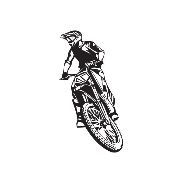 Black-and-white dirt bike decal sticker with rider and front wheel graphic