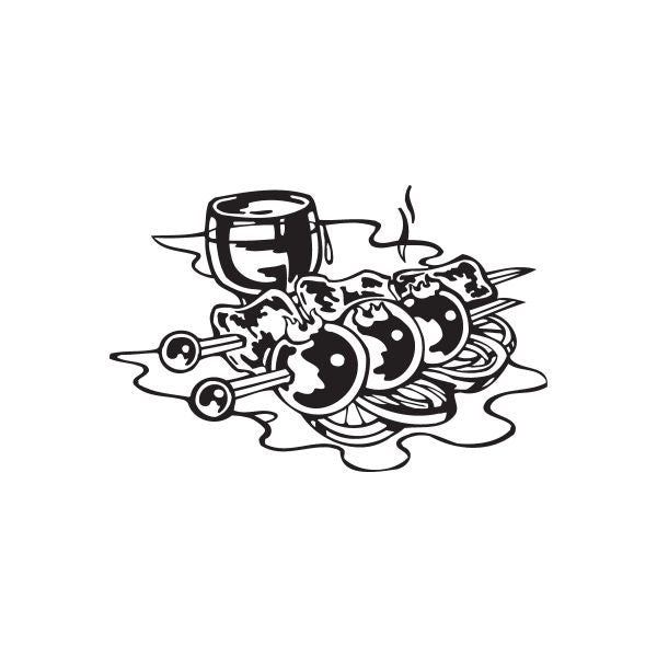 Vegetable kabob decal with cartoon skewer and grilling vegetables, black outline