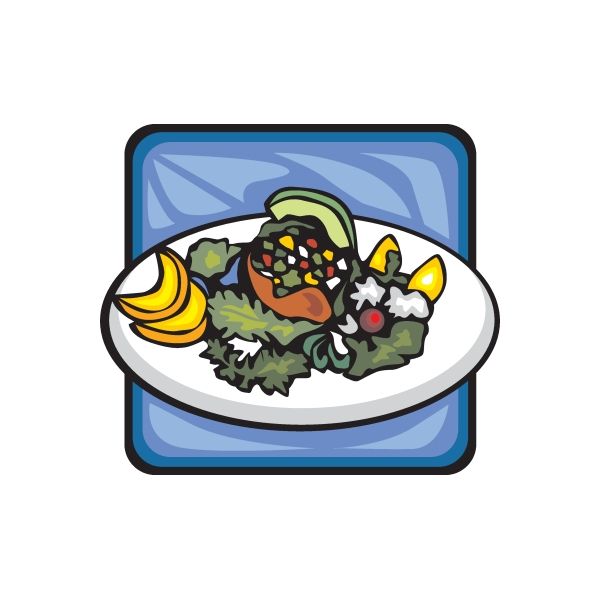 Vegetable salad sticker with cartoon bowl of greens, carrots, and black olives