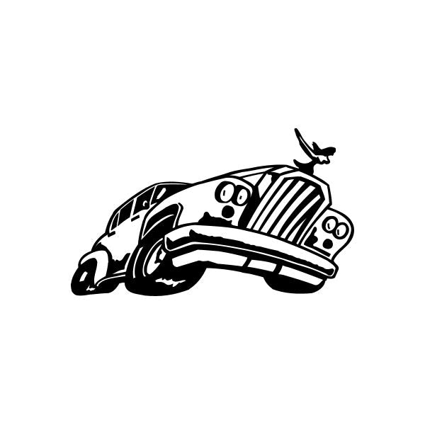 Cartoon car window vinyl decal sticker, black outline on white background