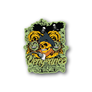 Pirate vinyl sticker with yellow face, skull and crossbones, green swirls, glossy finish