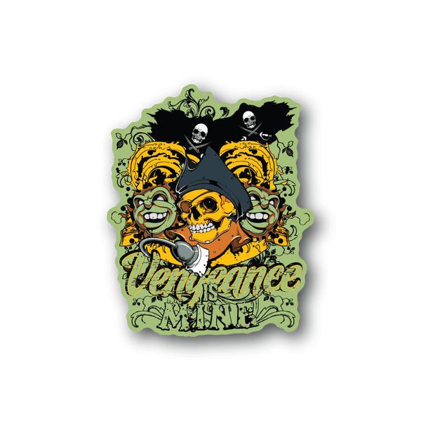Pirate vinyl sticker with yellow face, skull and crossbones, green swirls, glossy finish