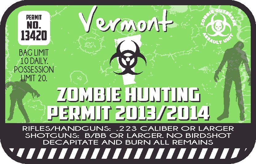 Green Vermont zombie hunting permit sticker with biohazard symbol and 2013/2014 text