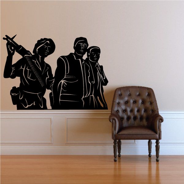 Memorial wall statue decal with black silhouettes of four veterans, one holding a rifle