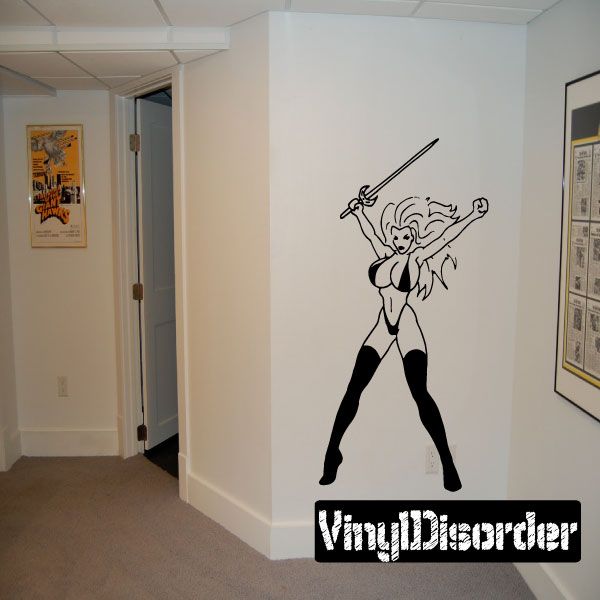 Bikini warrior decal with sword-wielding pose and stylized line-art character