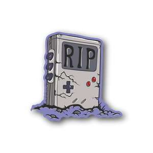 RIP vinyl game sticker: gray cartridge with purple border, controller icons and red buttons