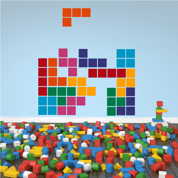 Colorful pixel block decal kit with large square geometric wall design in red, blue, green