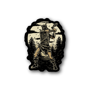 Vinyl sticker of a Viking axeman holding an axe, standing inside a circular emblem
