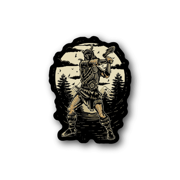 Vinyl sticker of a Viking axeman holding an axe, standing inside a circular emblem