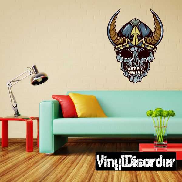 Viking skull sticker with horned helmet and skull face, blue and black graphic