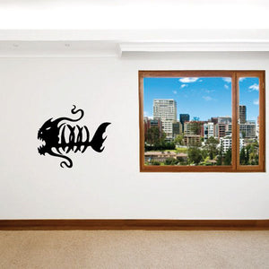 Black skeleton fish wall decal with rib and fin detail