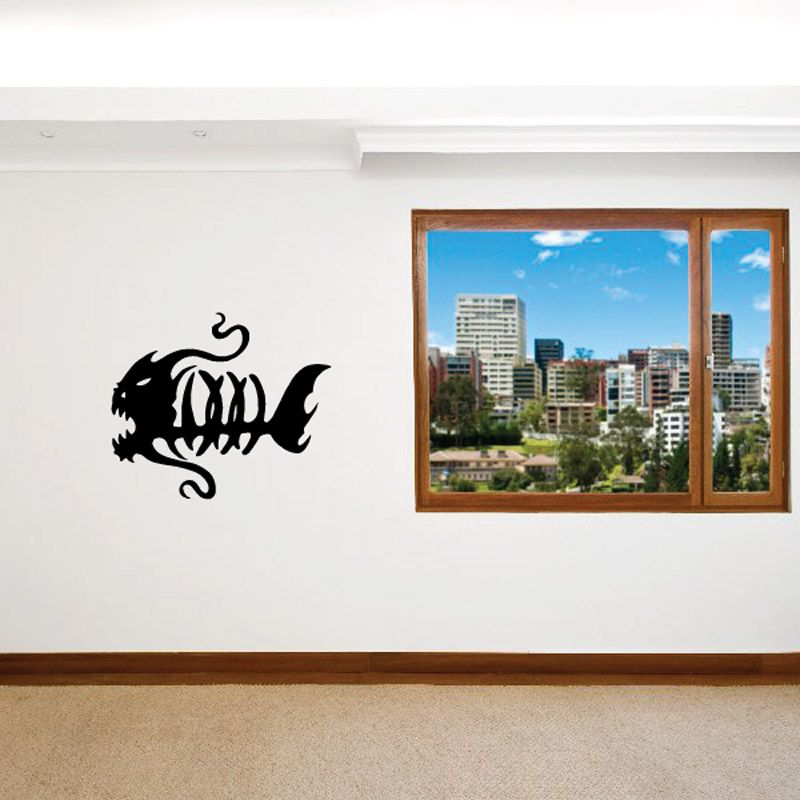 Black skeleton fish wall decal with rib and fin detail