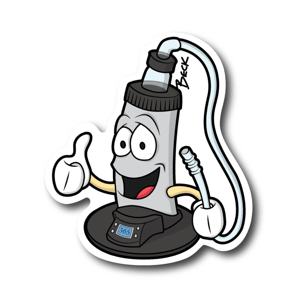 Bong vinyl sticker with cartoon smoking pipe character, gray with black base and smoke lines