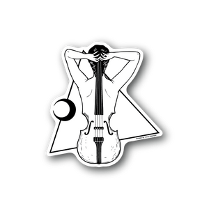 Black-and-white vinyl sticker of a girl holding a violin between her hands