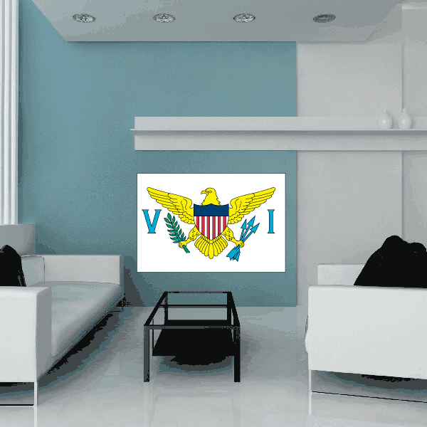 Virgin Islands flag sticker, rectangular white background with coat of arms and VI letters