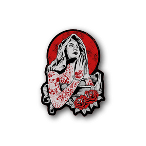 Virgin Mary praying vinyl sticker with red halo and bouquet of red roses