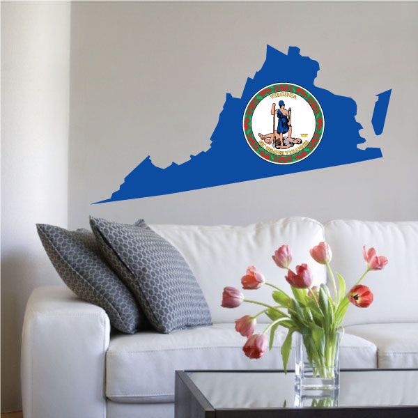 Virginia state flag sticker, blue outline of Virginia with circular seal emblem