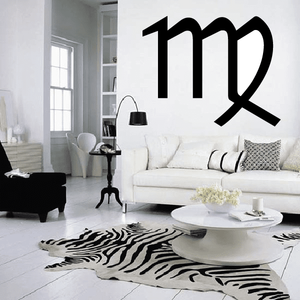 Virgo symbol decal in black with stylized zodiac lettering