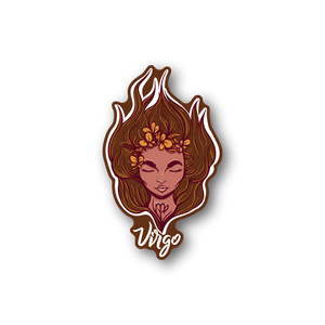 Virgo zodiac vinyl sticker with fiery hair portrait and 'Virgo' script, brown and orange