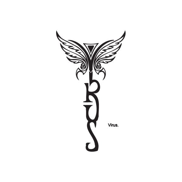 Black winged graffiti decal with 'Virus.' text