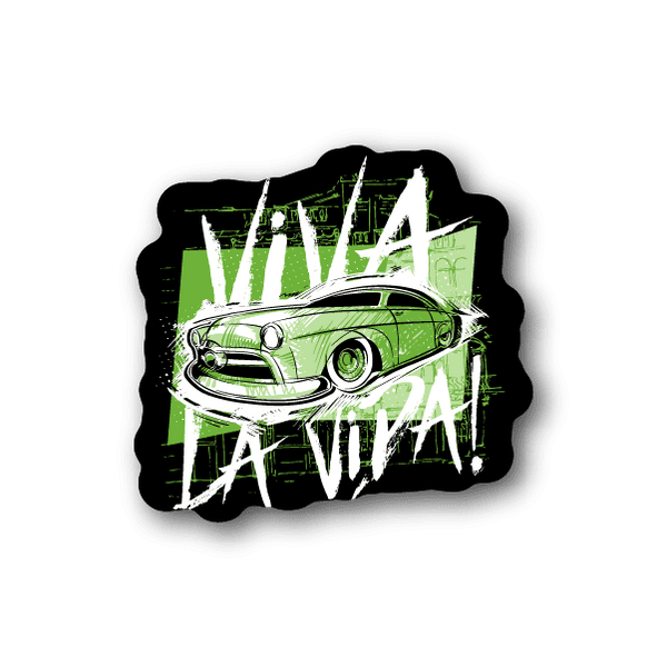 Vinyl sticker of a green classic hot rod car with 'Viva LA Vida' text