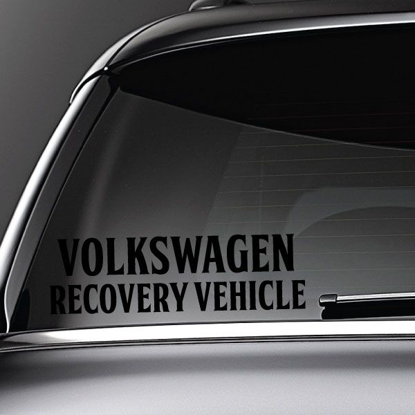 Volkswagen recovery vehicle decal with bold black text on car window