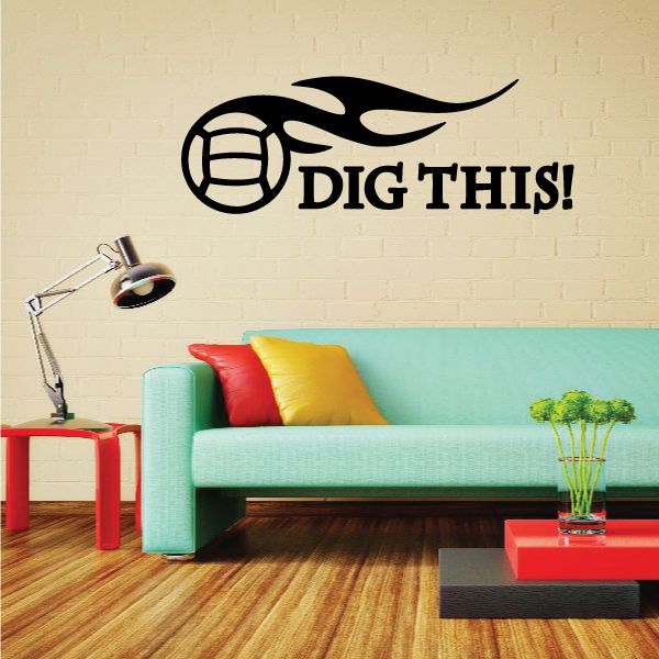 Volleyball wall decal: black ball with flames and 'DIG THIS!'