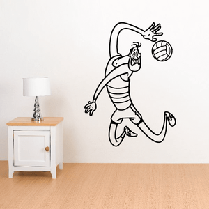 Volleyball wall decal of a cartoon player reaching for a volleyball, black outline.