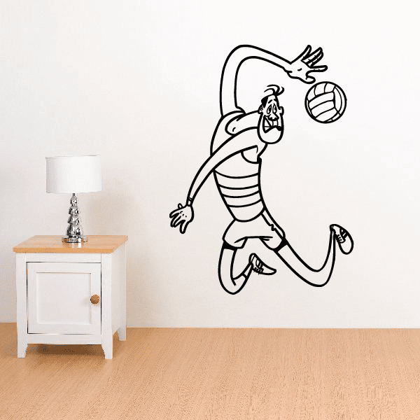 Volleyball wall decal of a cartoon player reaching for a volleyball, black outline.