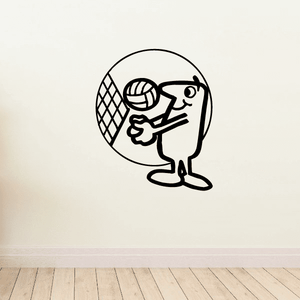Volleyball wall decal vinyl sticker with cartoon player holding volleyball at net