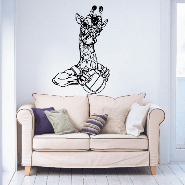 Volleyball wall decal vinyl: black and white giraffe holding a volleyball outline