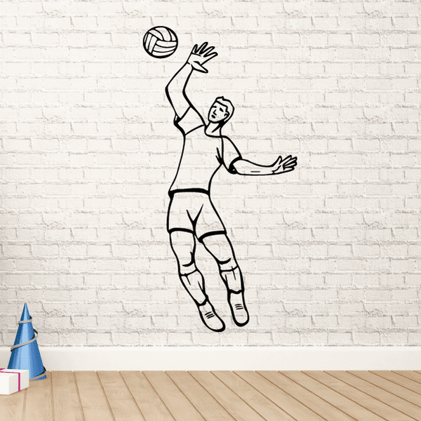 Volleyball wall decal of line-drawn player reaching a volleyball in midair